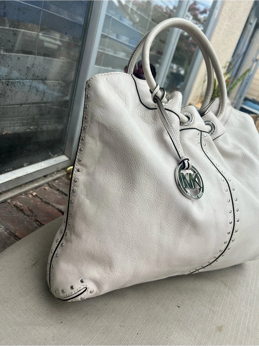 Michael Kors Cream Leather Stud-Trim Satchel
